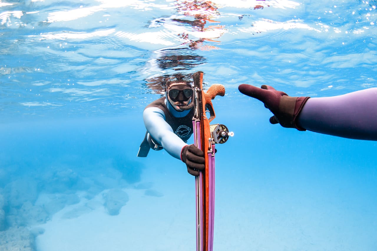 Spearfishing coaching session underwater