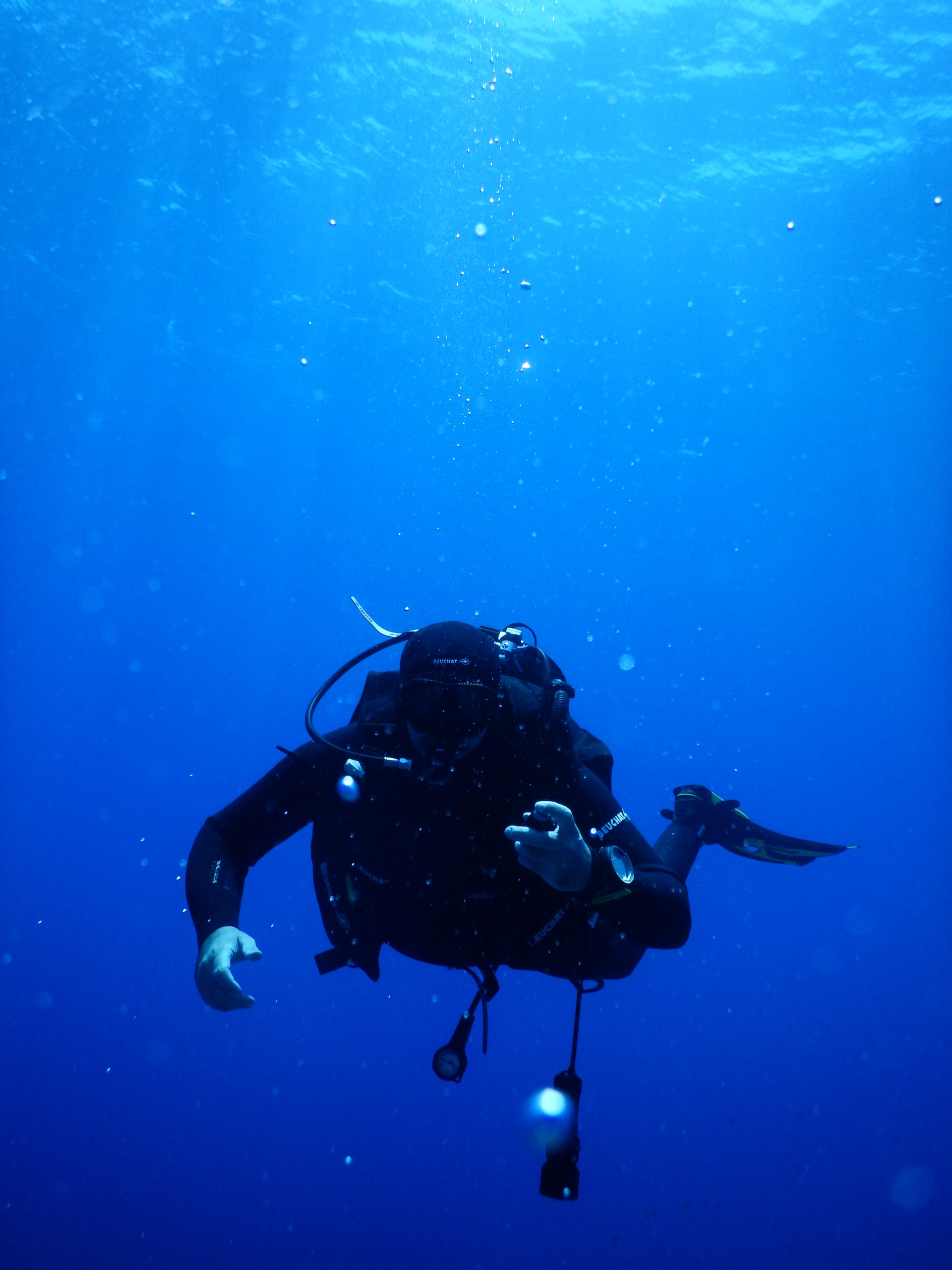 A certified diver finning through a gorge between two walls of rock